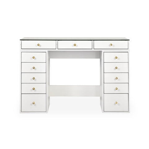 Coiffeuse moderne avec 13 tiroirs et plateau en verre transparent L120cm Probeauty Blanc