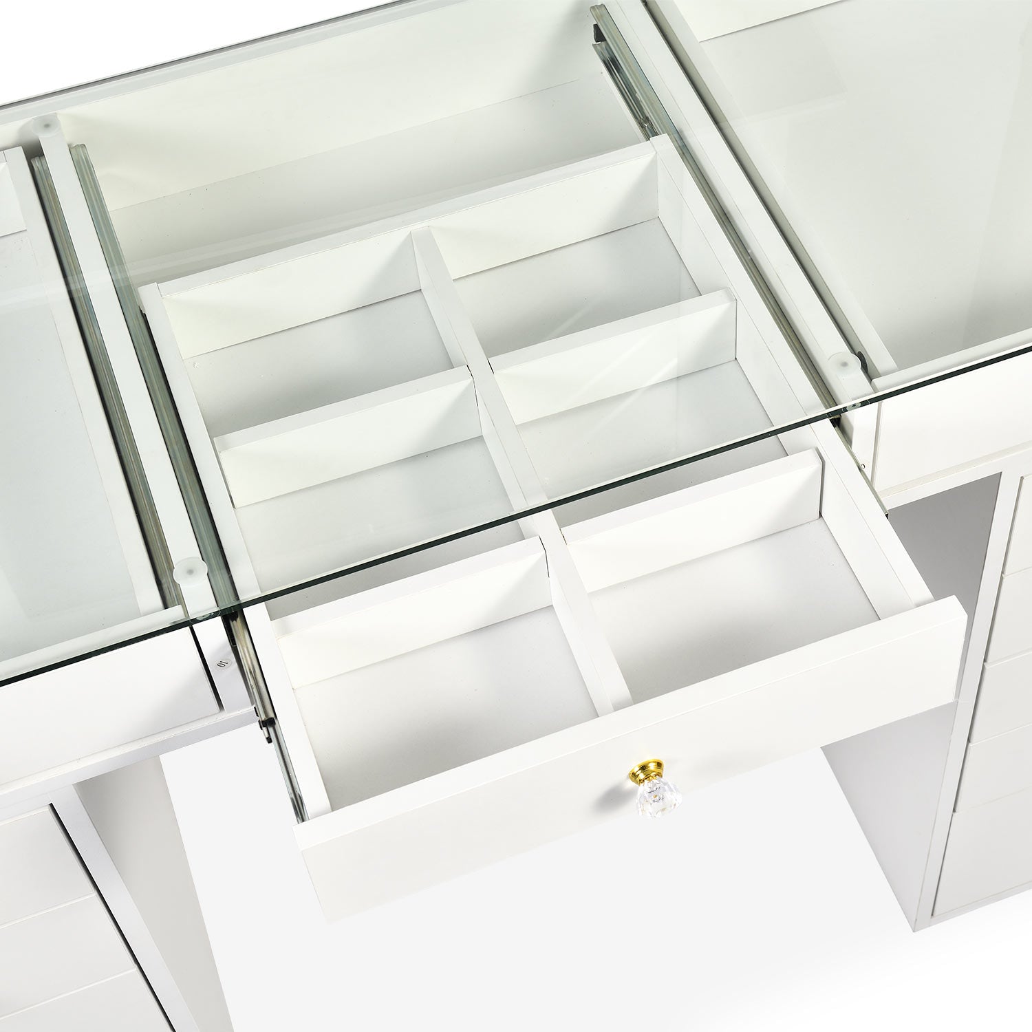 Coiffeuse moderne avec 13 tiroirs et plateau en verre transparent L120cm Probeauty Blanc