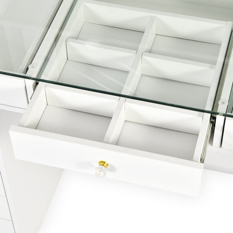 Coiffeuse moderne avec 13 tiroirs et plateau en verre transparent L120cm Probeauty Blanc