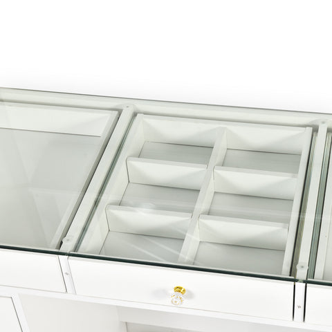 Coiffeuse moderne avec 13 tiroirs et plateau en verre transparent L120cm Probeauty Blanc