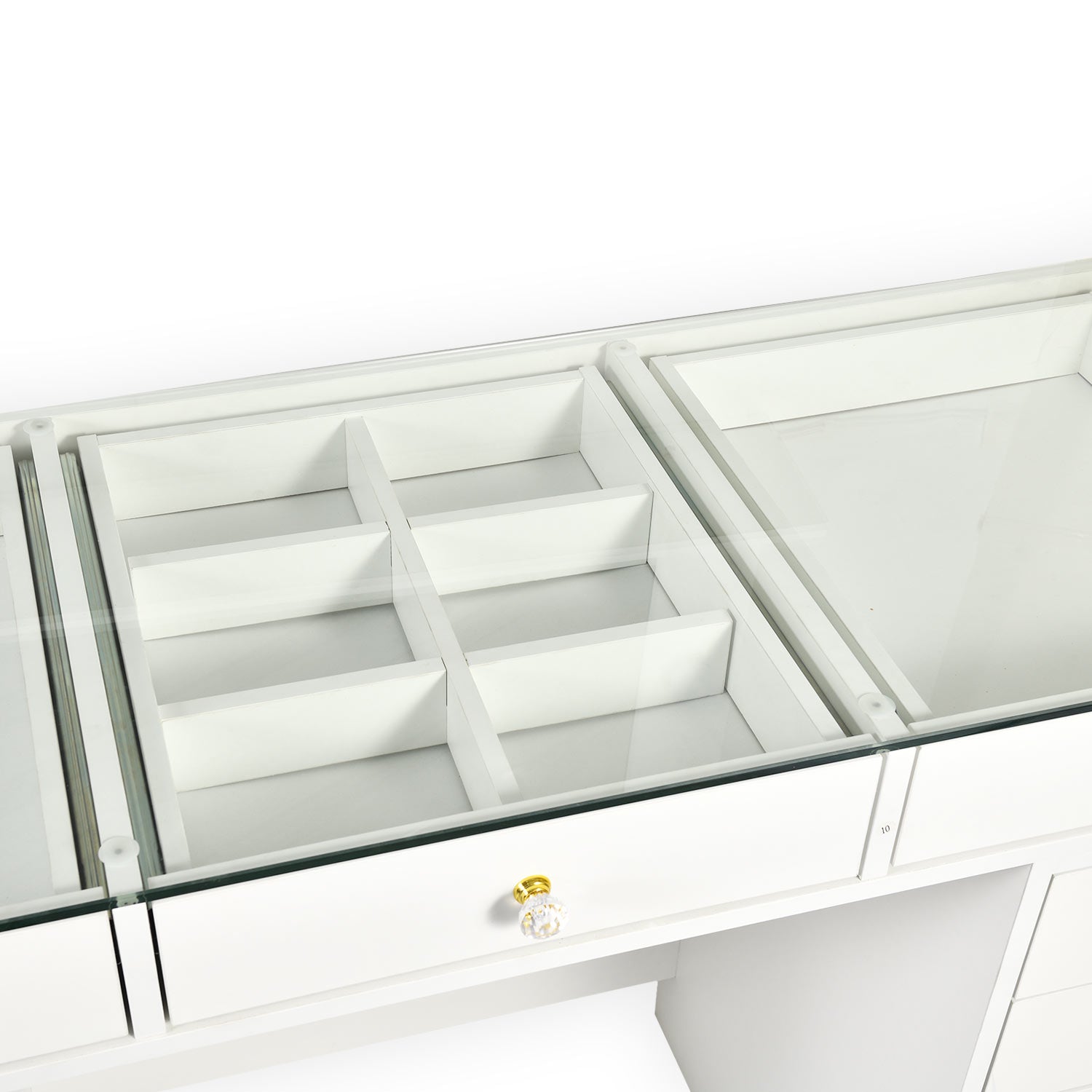 Coiffeuse moderne avec 13 tiroirs et plateau en verre transparent L120cm Probeauty Blanc