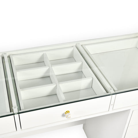 Coiffeuse moderne avec 13 tiroirs et plateau en verre transparent L120cm Probeauty Blanc