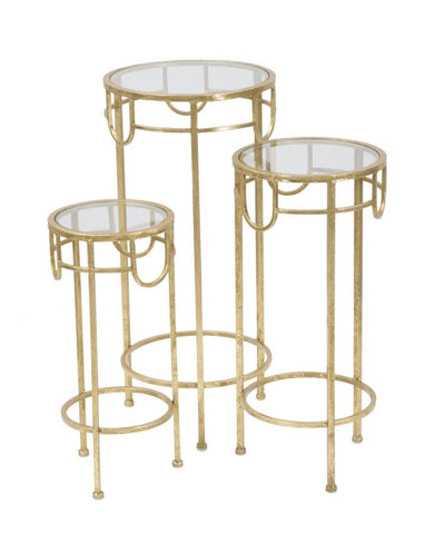 Ensemble de 3 tables rondes Métal Doré et Verre Transparent