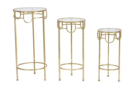 Ensemble de 3 tables rondes Métal Doré et Verre Transparent