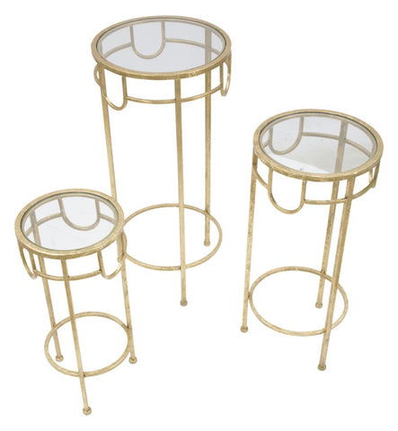 Ensemble de 3 tables rondes Métal Doré et Verre Transparent