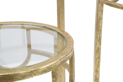 Ensemble de 3 tables rondes Métal Doré et Verre Transparent