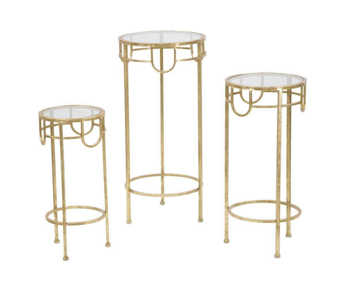 Ensemble de 3 tables rondes Métal Doré et Verre Transparent