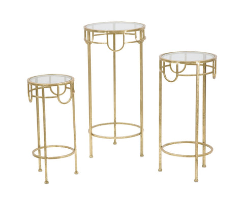 Ensemble de 3 tables rondes Métal Doré et Verre Transparent