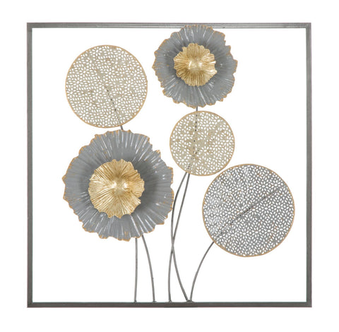 Panneau métallique décoratif fleurs et feuilles acier gris or