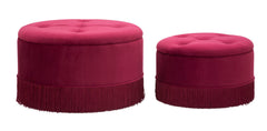 Pouf de rangement rond Velours Bordeaux avec franges