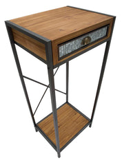Support téléphone en métal et bois avec étagère et tiroir