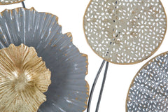 Panneau métallique décoratif fleurs et feuilles acier gris or