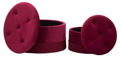 Pouf de rangement rond Velours Bordeaux avec franges