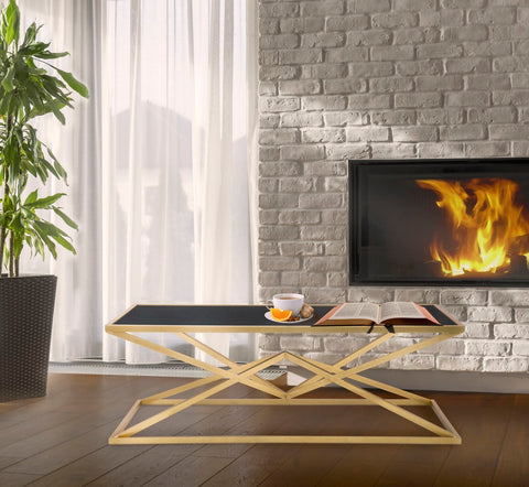 Mesa de centro rectangular Piramid de metal dorado y cristal templado negro