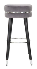 Tabouret de bar en bois et velours Bleu finition argentée
