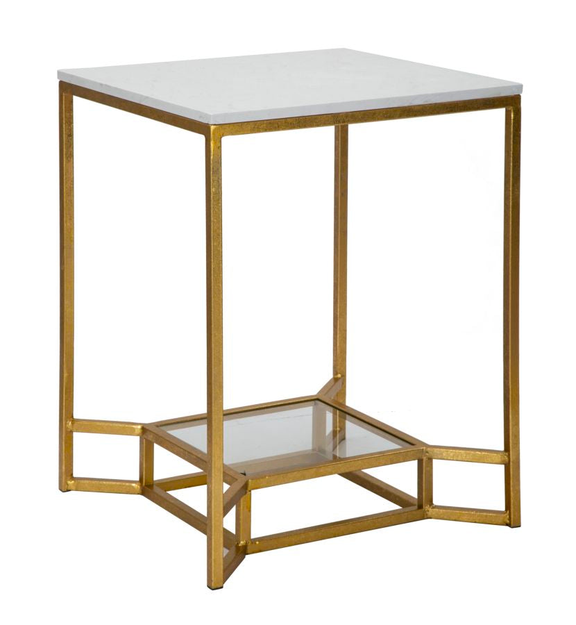 Mesa de centro cuadrada de metal dorado con tablero de mármol blanco y estante de cristal.