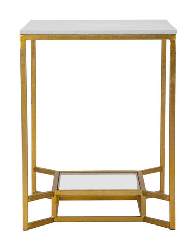 Mesa de centro cuadrada de metal dorado con tablero de mármol blanco y estante de cristal.