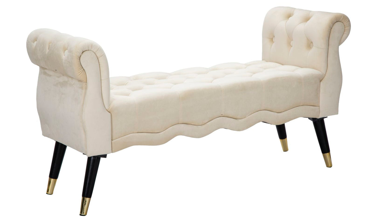 Banquette Paris Velours Crème pieds en bois dorés
