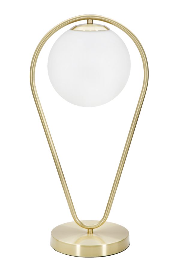 Lampe de table Glamy en métal doré avec sphère en verre blanc