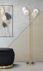 Lampadaire Glamy Métal Doré 4 Lumières Sphères en Verre Opaque
