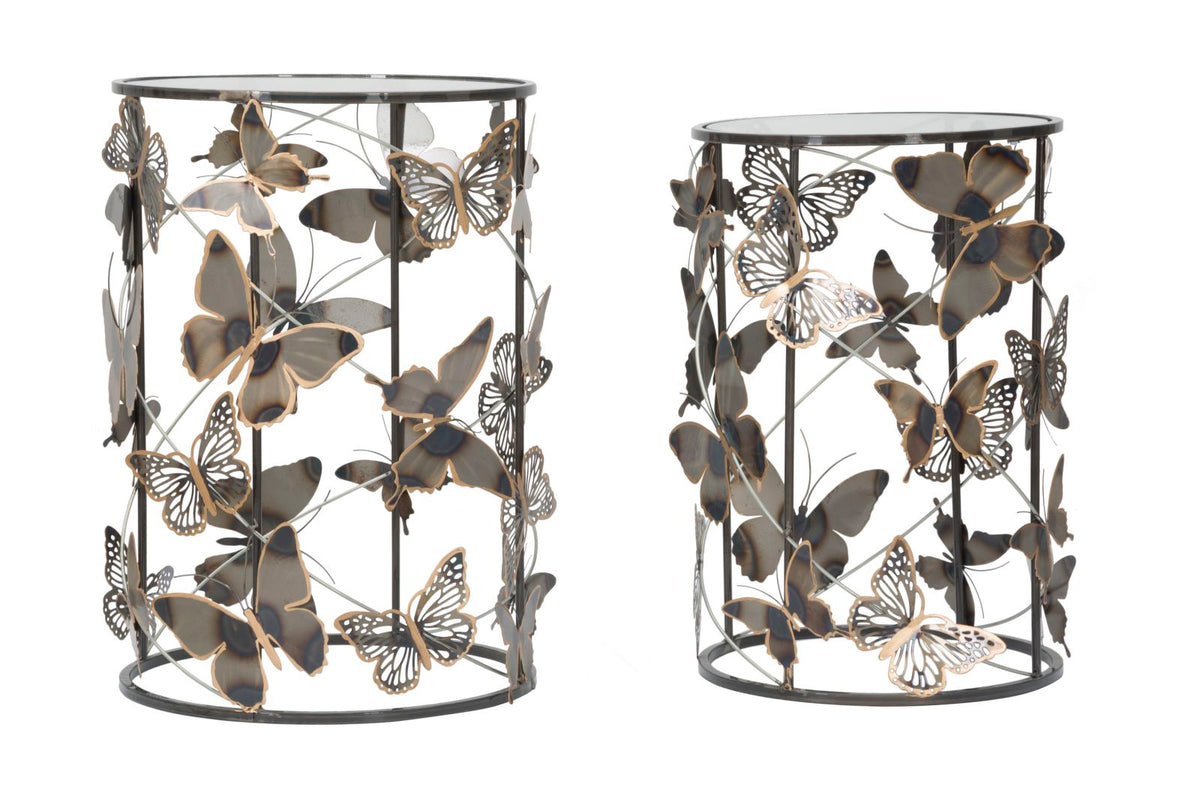 Mesas redondas Farfalle de metal y cristal con decoración de mariposas
