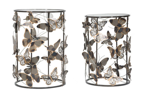 Mesas redondas Farfalle de metal y cristal con decoración de mariposas