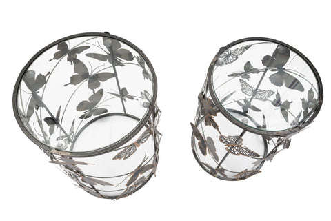 Mesas redondas Farfalle de metal y cristal con decoración de mariposas