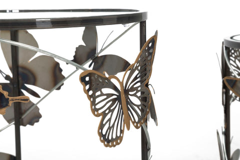 Mesas redondas Farfalle de metal y cristal con decoración de mariposas