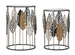 Tables rondes en métal et verre décorations feuilles set de 2