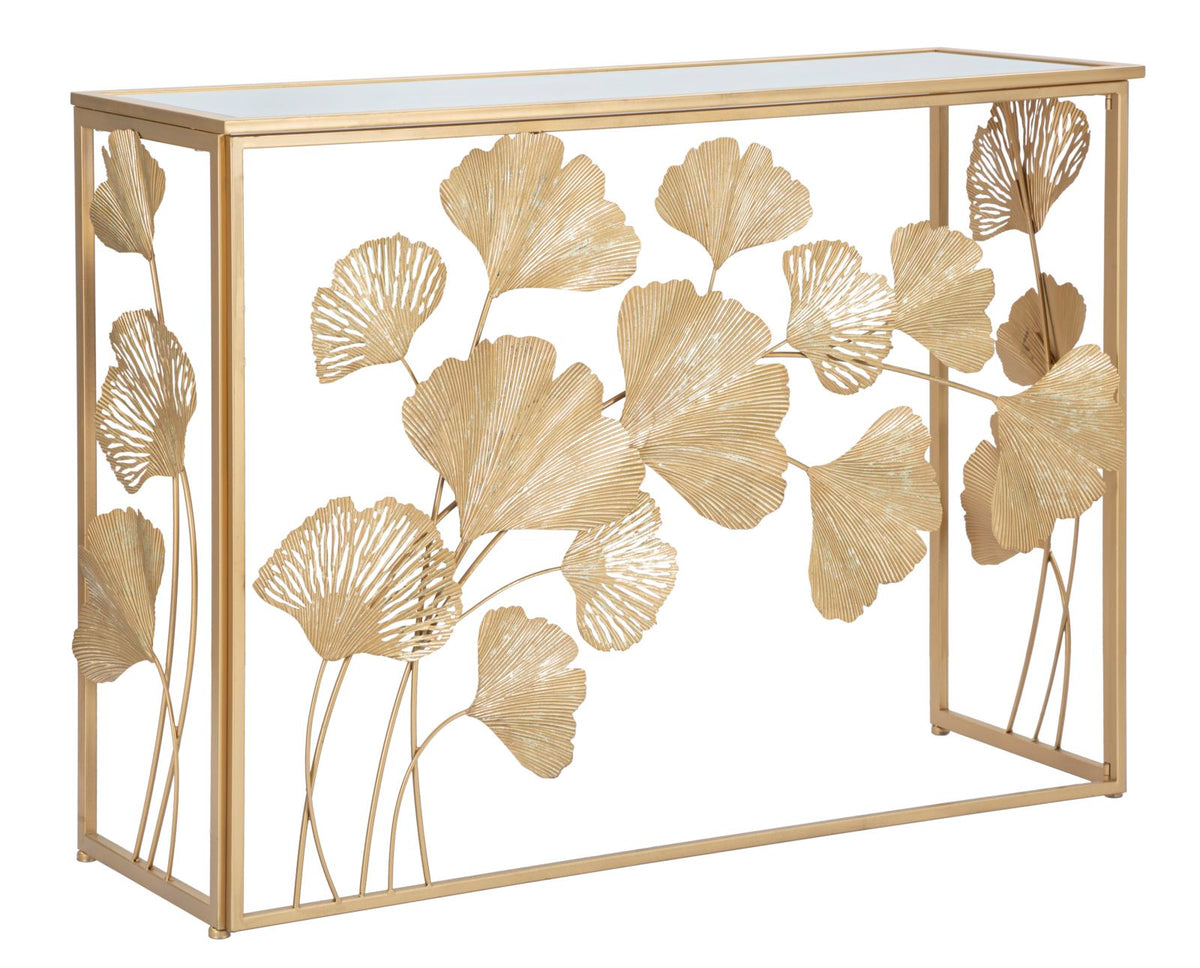 Consola rectangular de metal blanco con tablero de cristal de espejo