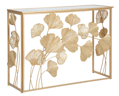 Consola rectangular de metal blanco con tablero de cristal de espejo