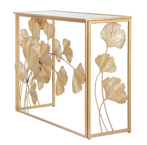 Consola rectangular de metal blanco con tablero de cristal de espejo