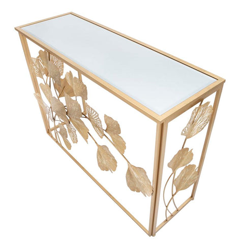 Consola rectangular de metal blanco con tablero de cristal de espejo