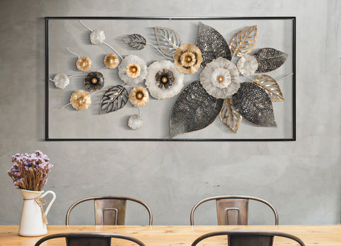 Panneau mural métallique 3D motifs floraux et géométriques