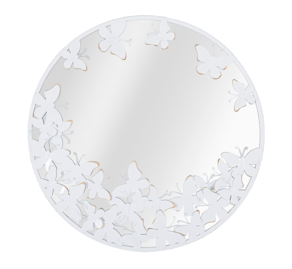 Espejo redondo de metal blanco con decoración de mariposas doradas