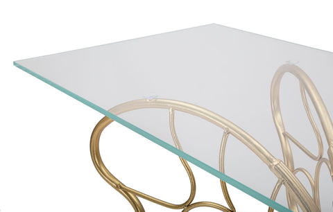 Consola Papillon de metal dorado con tablero de cristal