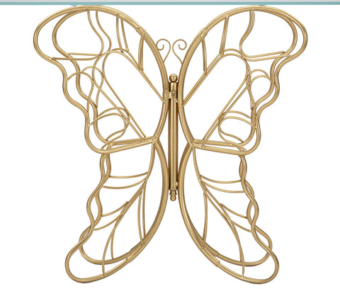 Consola Papillon de metal dorado con tablero de cristal