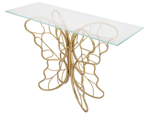 Consola Papillon de metal dorado con tablero de cristal