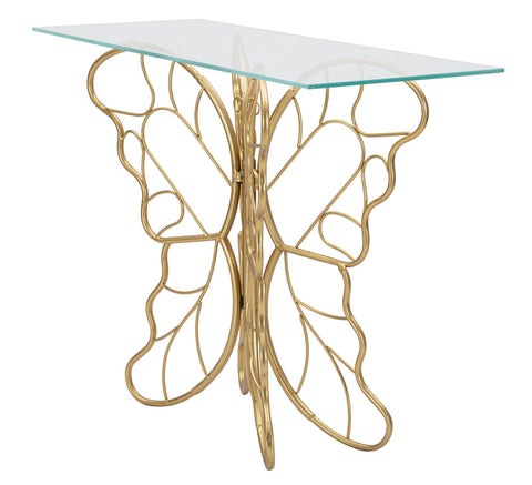 Consola Papillon de metal dorado con tablero de cristal
