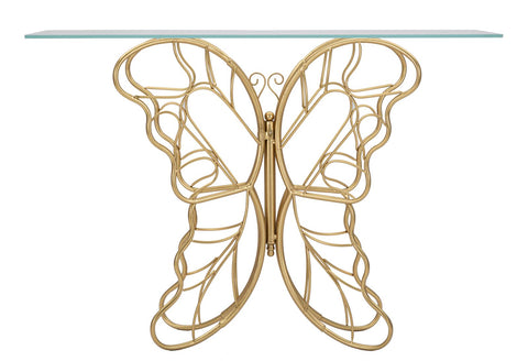 Consola Papillon de metal dorado con tablero de cristal