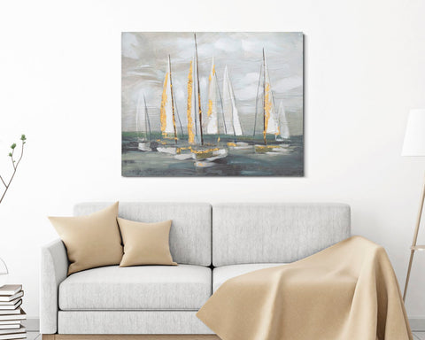 Pintura mural de barco dorado sobre lienzo con marco de madera