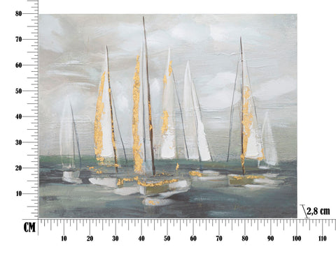 Pintura mural de barco dorado sobre lienzo con marco de madera