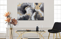 Peinture murale abstraite sur toile cadre en bois or argent noir