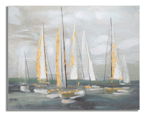 Pintura mural de barco dorado sobre lienzo con marco de madera