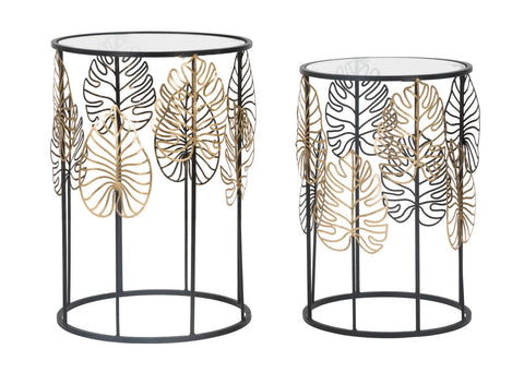 Table ronde Foglie structure métal noir plateau verre décorations dorées