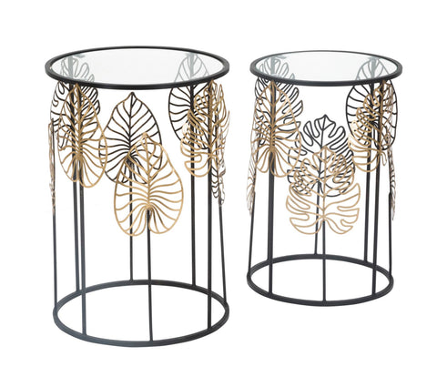 Table ronde Foglie structure métal noir plateau verre décorations dorées