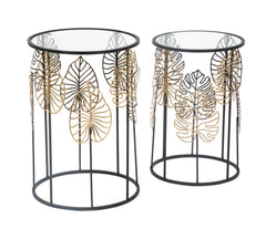 Table ronde Foglie structure métal noir plateau verre décorations dorées