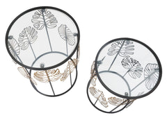 Table ronde Foglie structure métal noir plateau verre décorations dorées