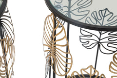 Table ronde Foglie structure métal noir plateau verre décorations dorées