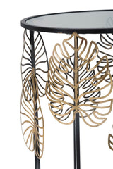 Table ronde Foglie structure métal noir plateau verre décorations dorées